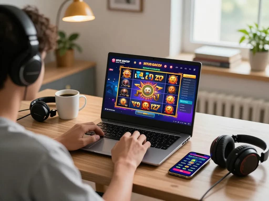 Engaged player exploring situs gacor slot options on a laptop, showcasing vibrant online casino experience.