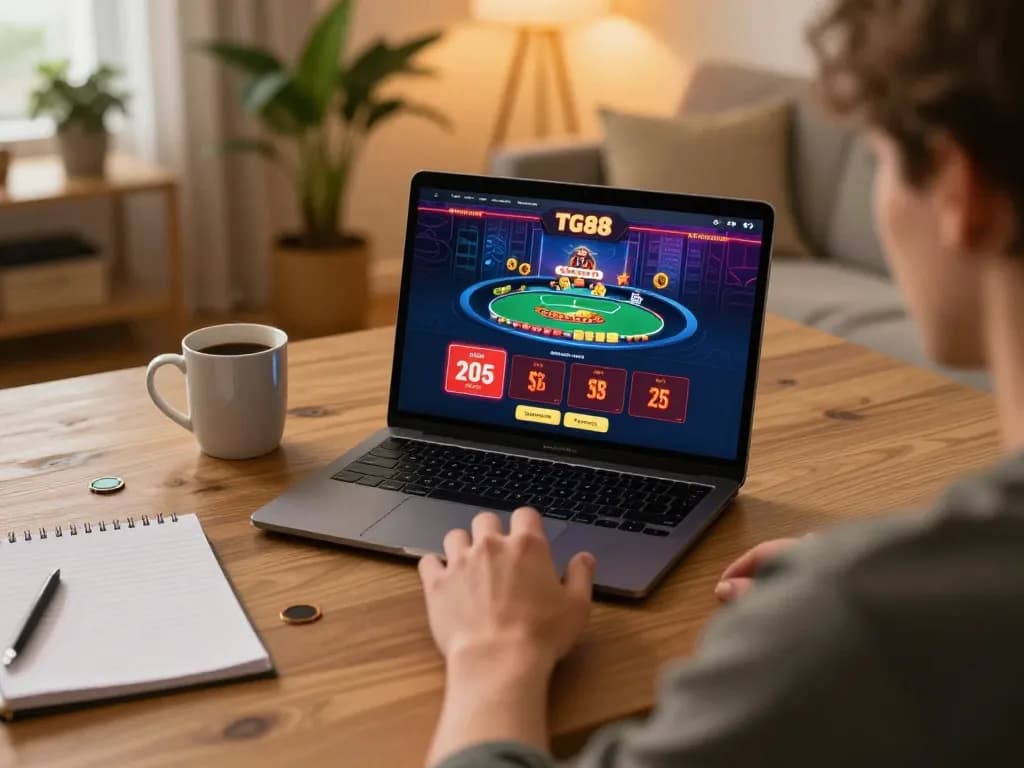 Engaging in TG88 online casino gaming on a modern laptop in a cozy atmosphere.