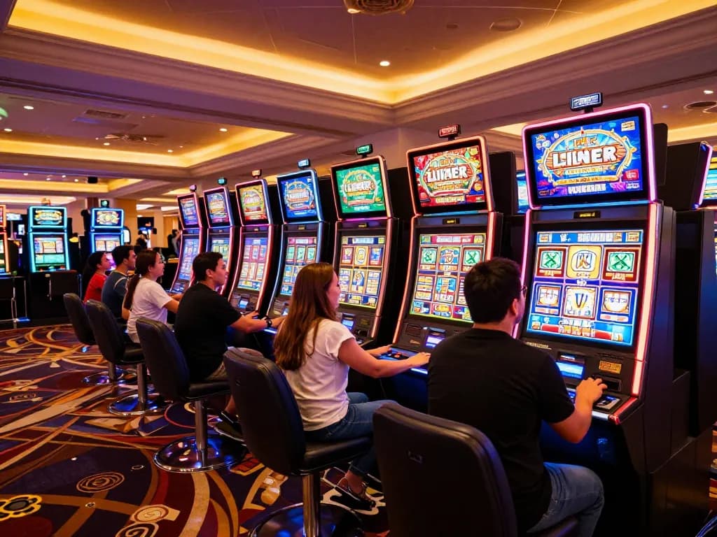 Players enjoying the thrill of link slot machines in a vibrant casino floor atmosphere