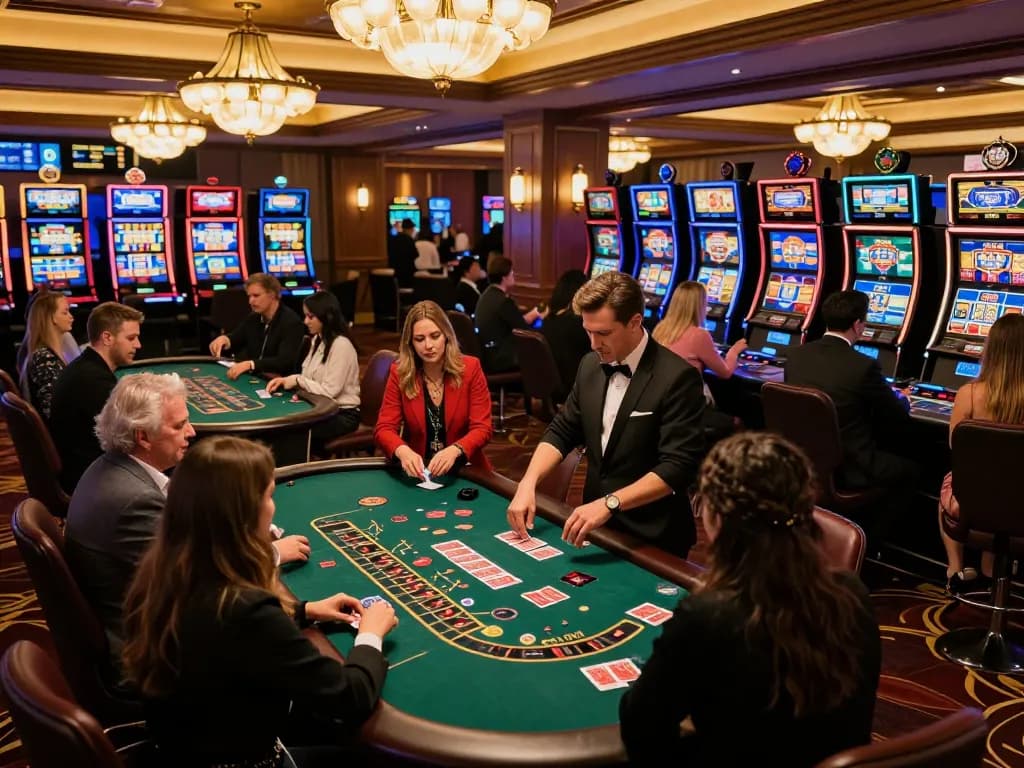 Players enjoying blackjack at a Vegas casino table, highlighting say88's thrill and excitement in gambling.