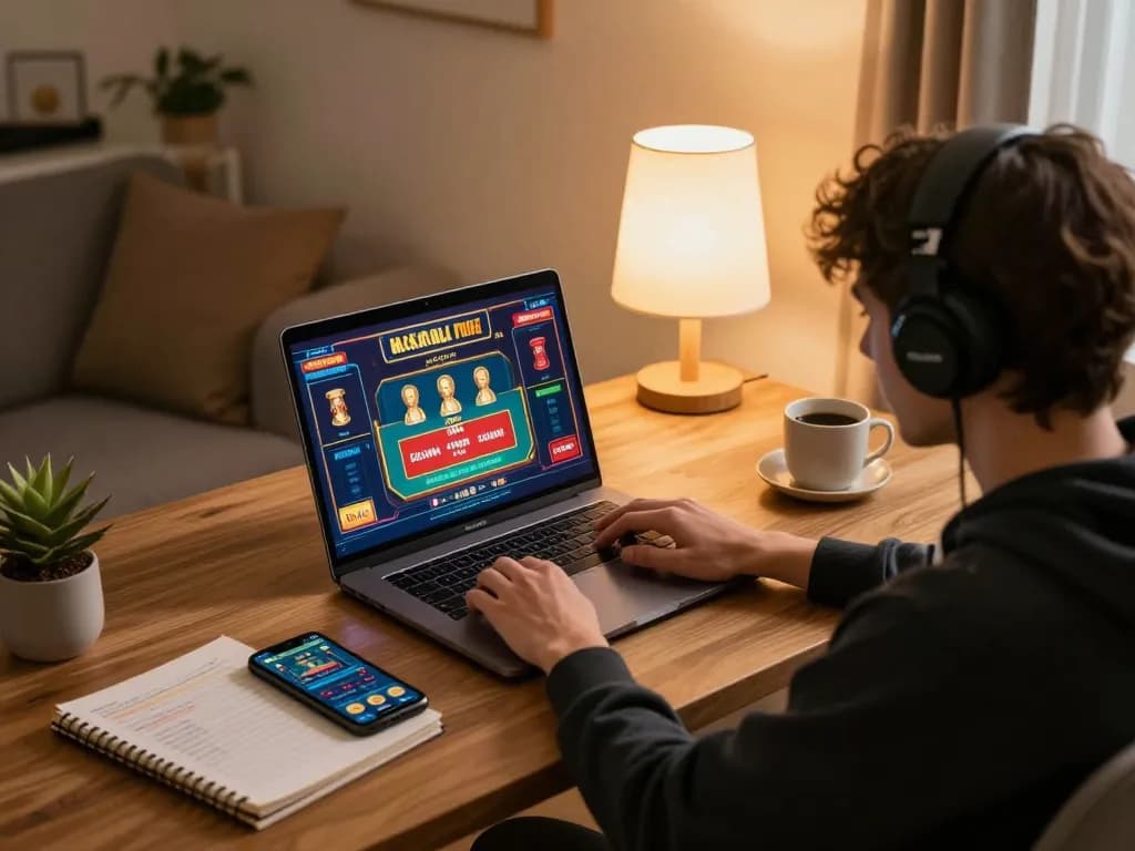 Player enjoying EE88 online gaming experience at modern desk with vibrant casino graphics
