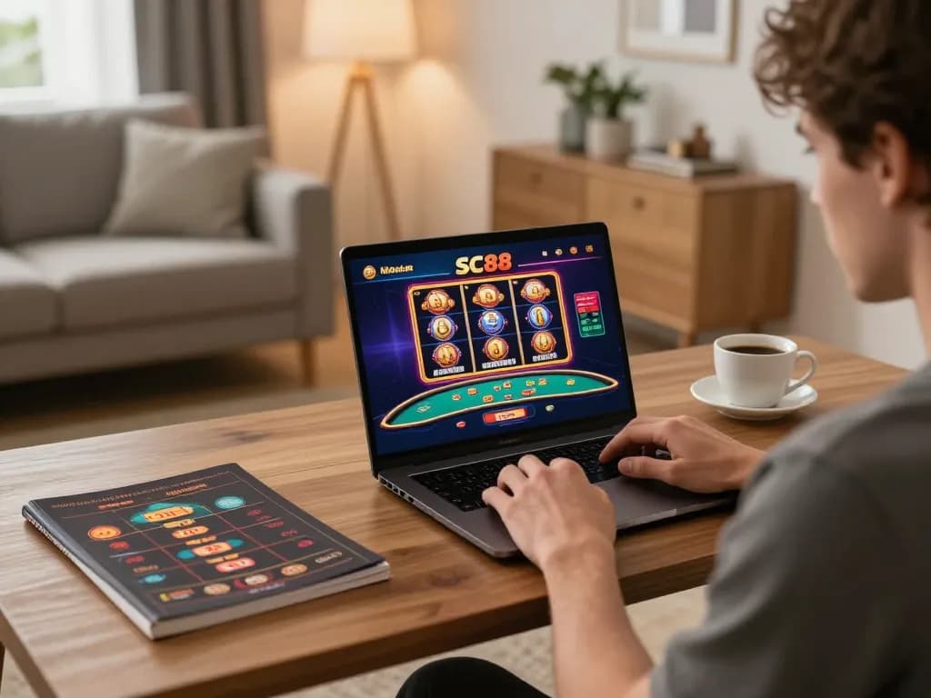 Players engaging with the SC88 app on a laptop while strategizing for online gambling.