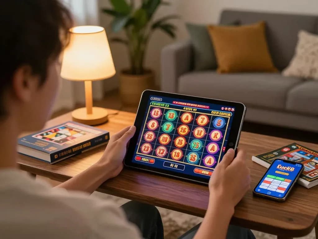 Engaging gameplay on Luck8 casino app on a tablet in a cozy home environment.