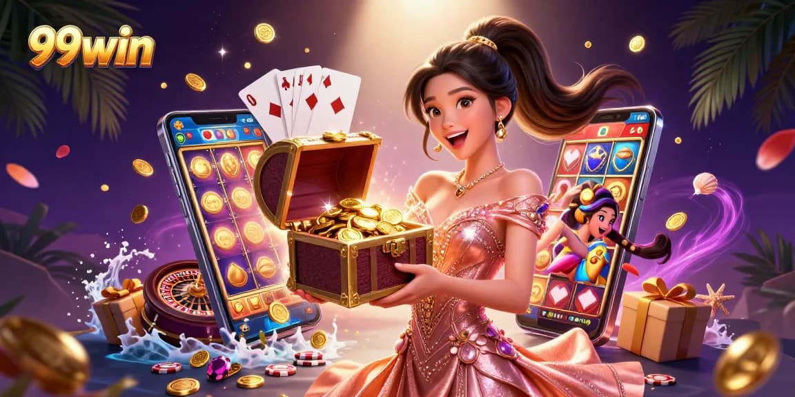 Experience the excitement of 99win with golden treasures and vibrant casino elements.