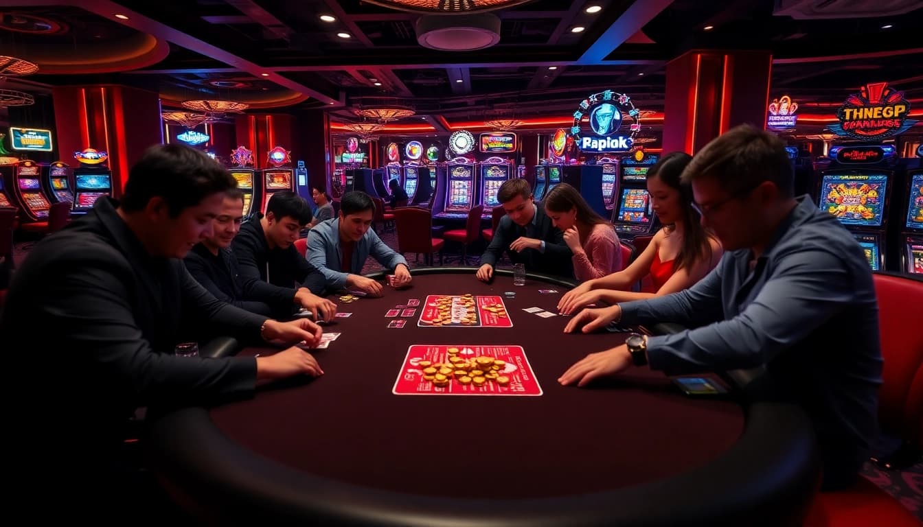 Winning at casino games at https://rr88k1.com/ with excited players surrounded by poker tables and slot machines.
