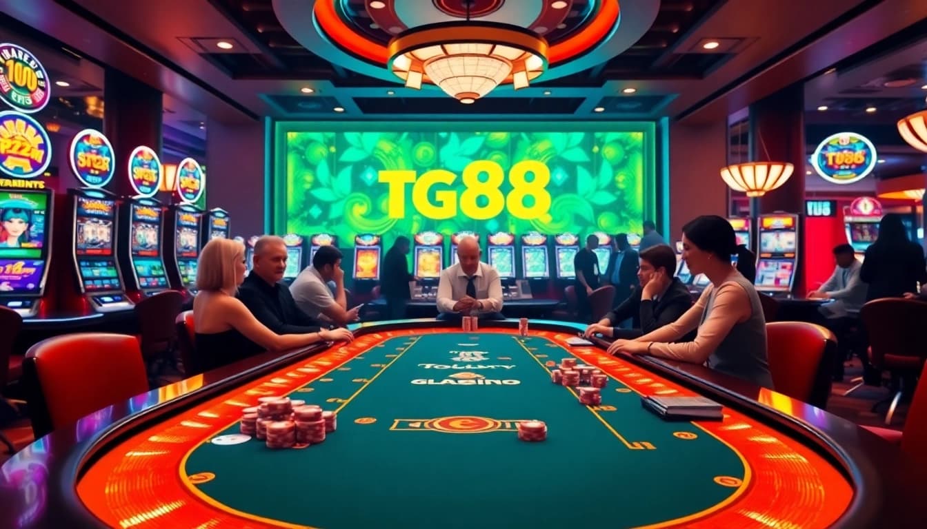 Exciting casino scene featuring tg88 poker games and vibrant slot machines in a luxurious setting.