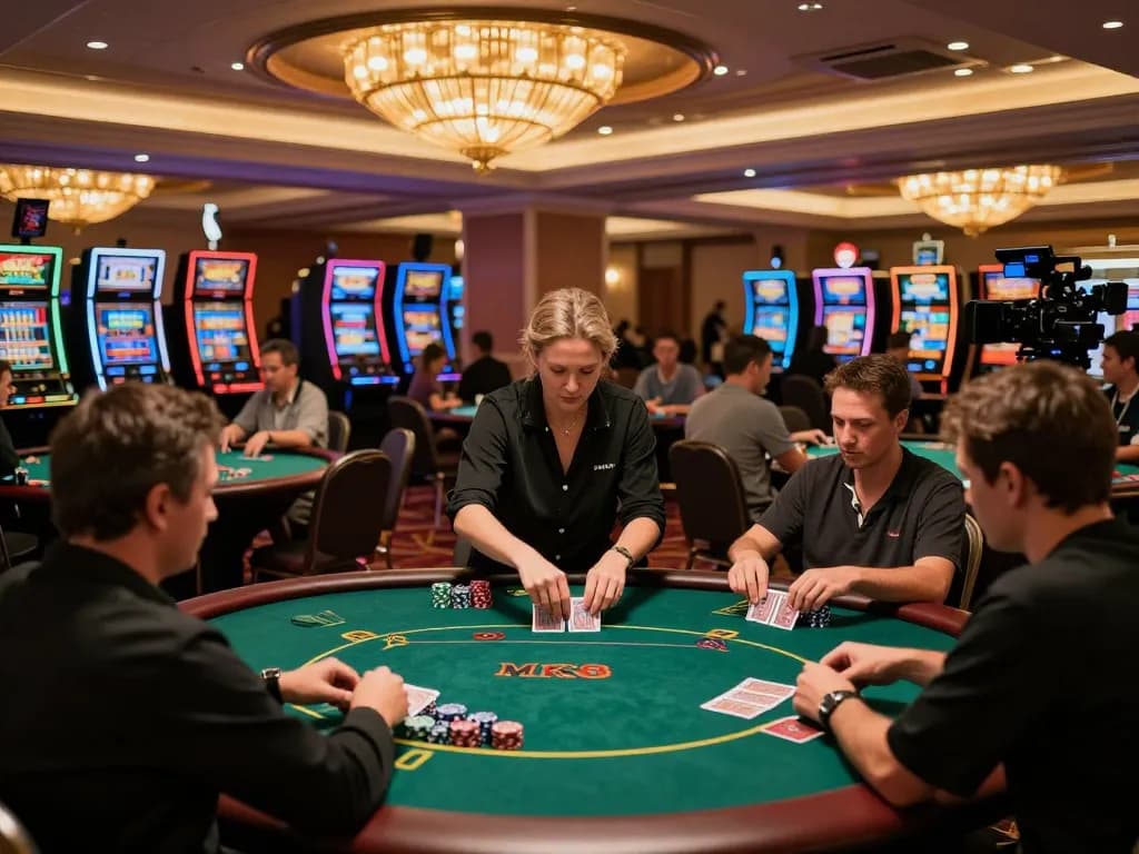 Players enjoying poker at MK8 casino, chips stacked and dealer shuffling cards, luxury atmosphere.