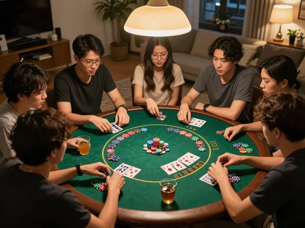 Tài xỉu online players enjoying a lively home game night with poker chips and drinks, capturing the excitement of strategic gameplay.