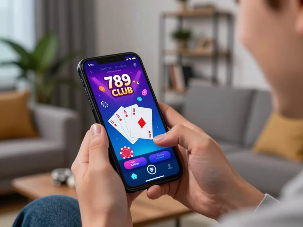 Playing poker on 789 CLUB app in a cozy living room setting with strategic focus.
