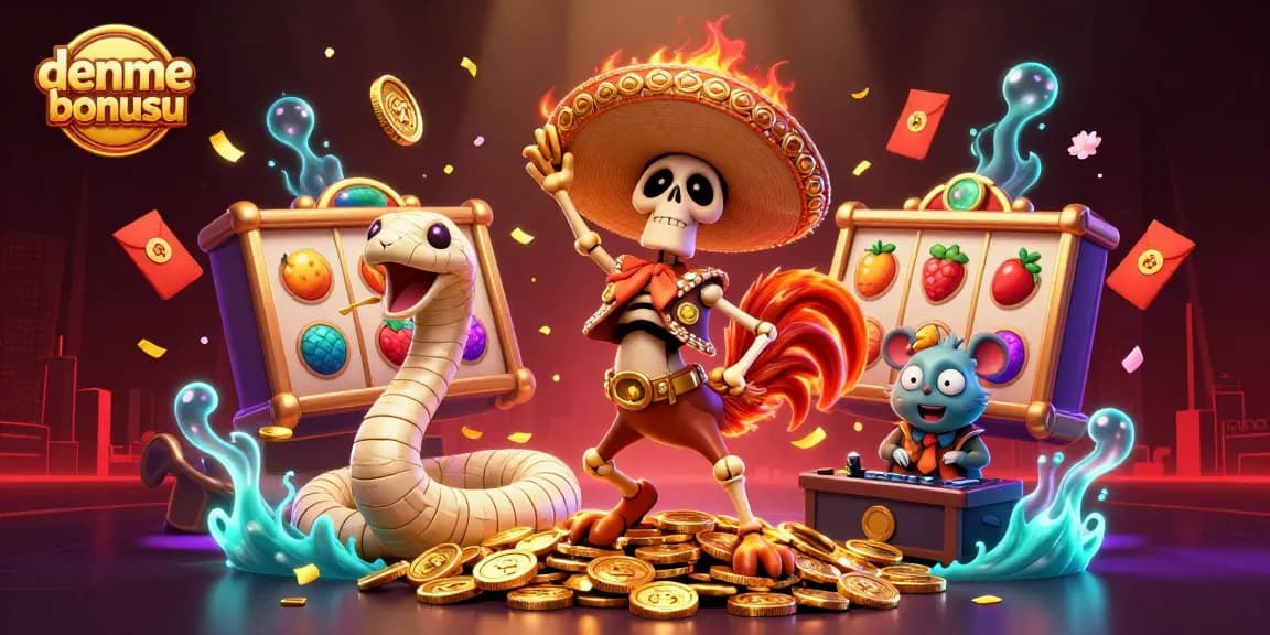 Experience exhilarating deneme bonusu excitement illustrated by a mariachi rooster and lively casino elements.