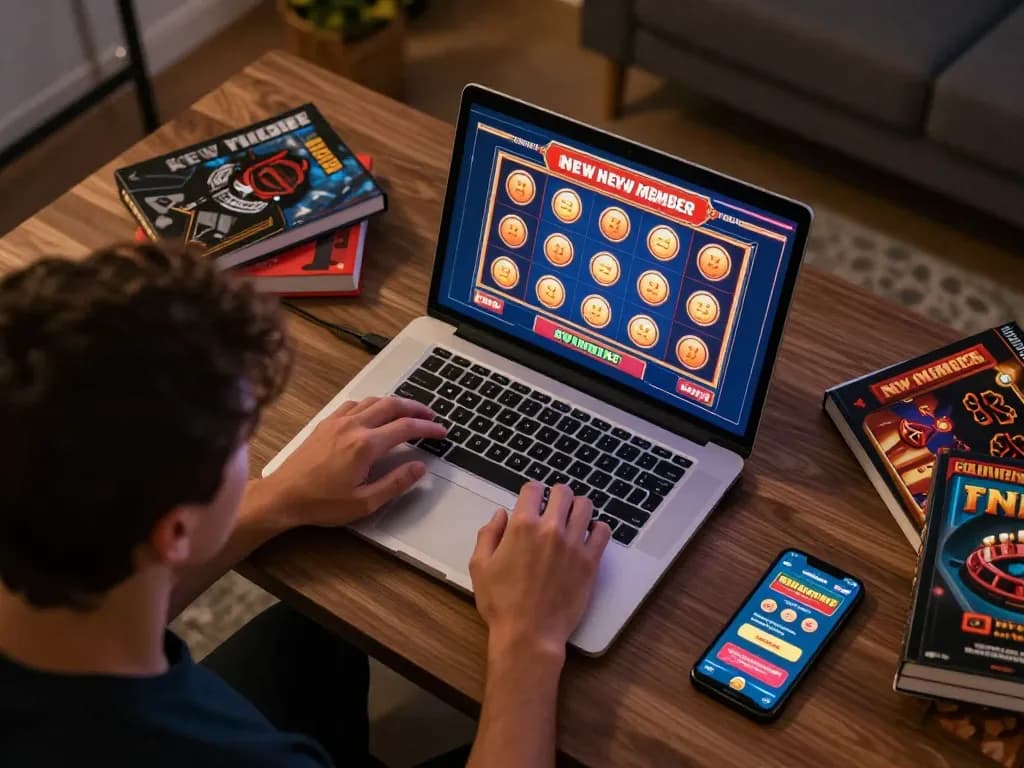 Engaging in online casino gaming with a bonus new member 100 slot promotion at home.