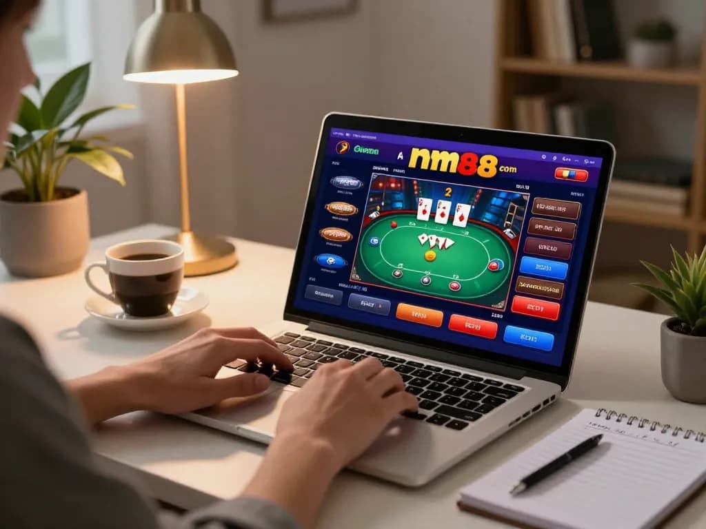 Engaged player using mm88 com interface on laptop, showcasing a vibrant online poker game experience.