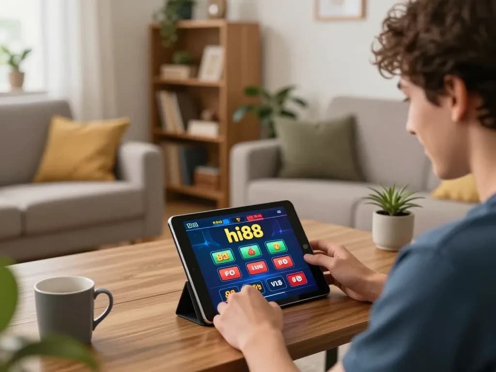 Engaged player enjoying the hi88 casino experience on a tablet in a cozy living room.