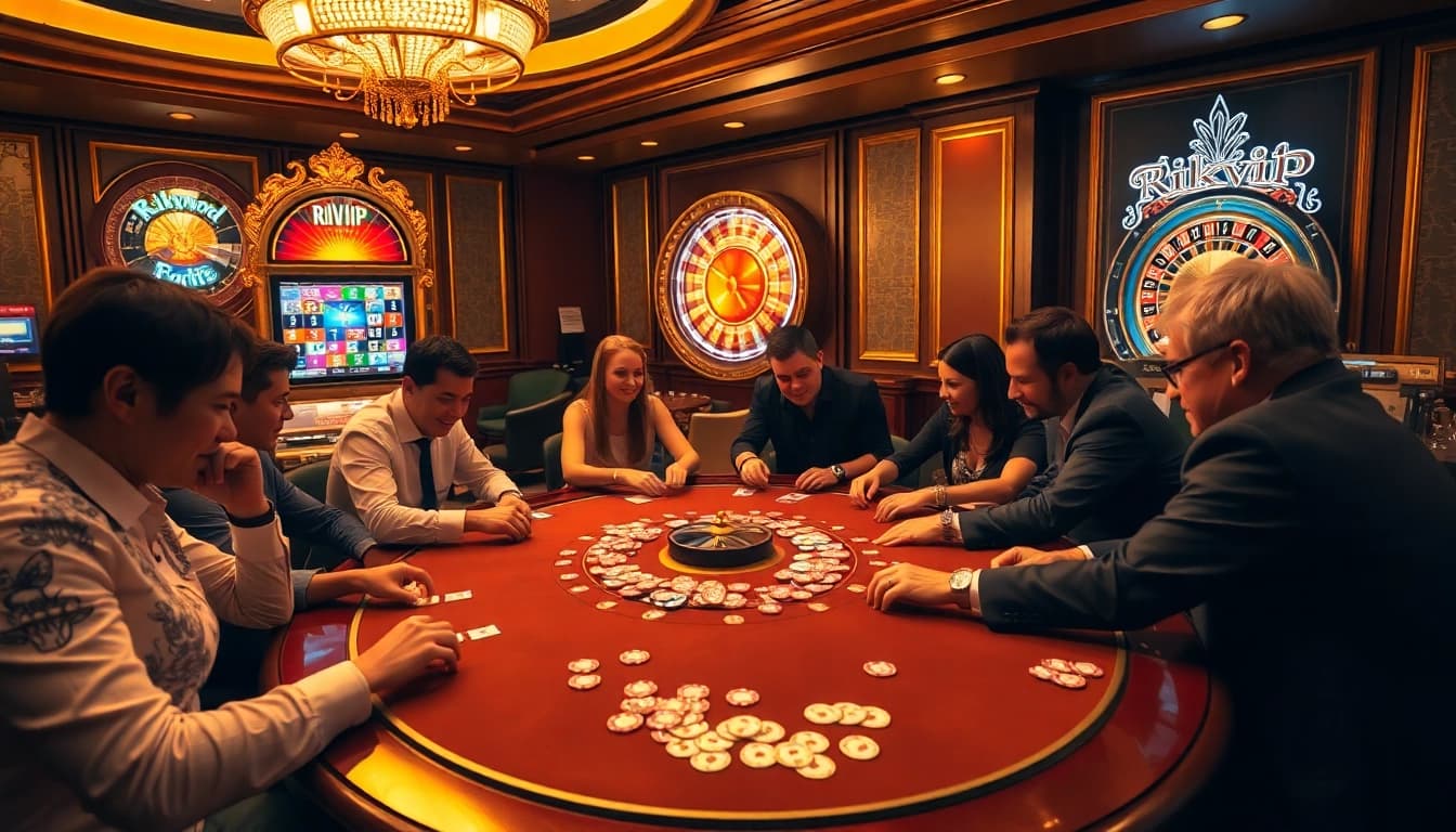Rikvip gaming table with players enjoying high-stakes card games in an elegant casino.