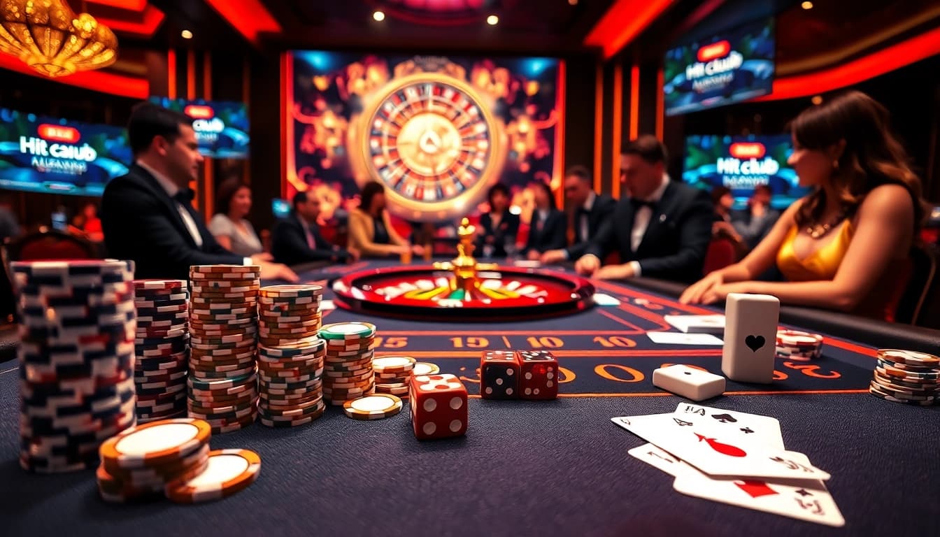 Experience high-stakes gaming action at https://hitclub4.app/ with vibrant casino elements like poker chips and cards.