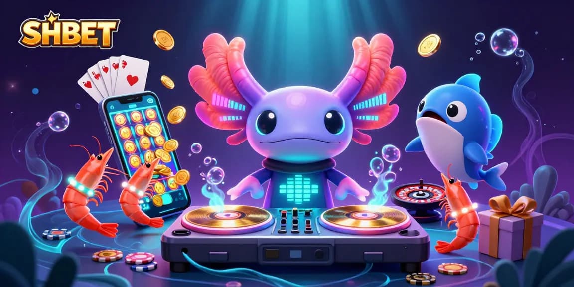 Experience SHBET's vibrant online gaming world with a lively DJ and shimmering casino elements