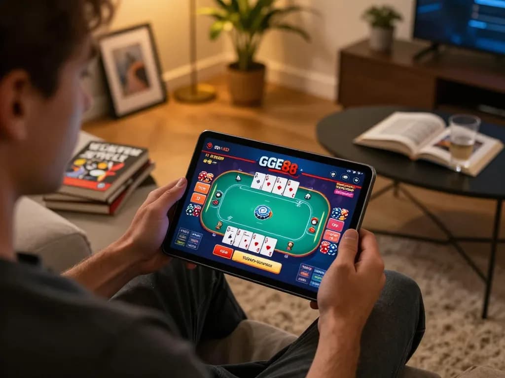 Engaging with GG88 com app for online poker in a cozy home setting.