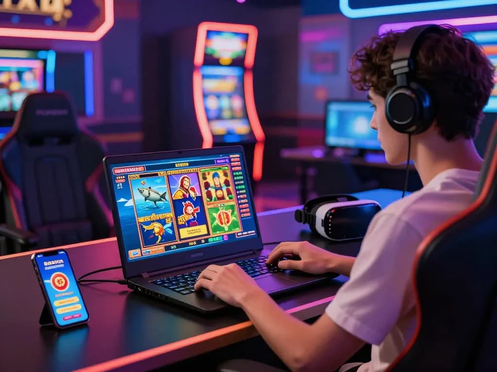 79King online gaming scene with vibrant digital casino interfaces and a player excitedly engaging in various games.