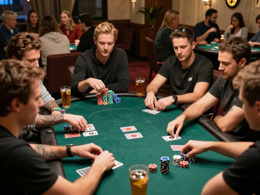 Pemain di meja poker yang merancang strategi dan menikmati permainan sementara chip menumpuk di depan, menampilkan aksi foya888.