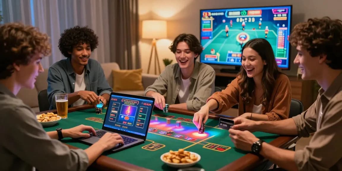 Group of friends making deposits at credit card casinos, enjoying a lively home game night with excitement.