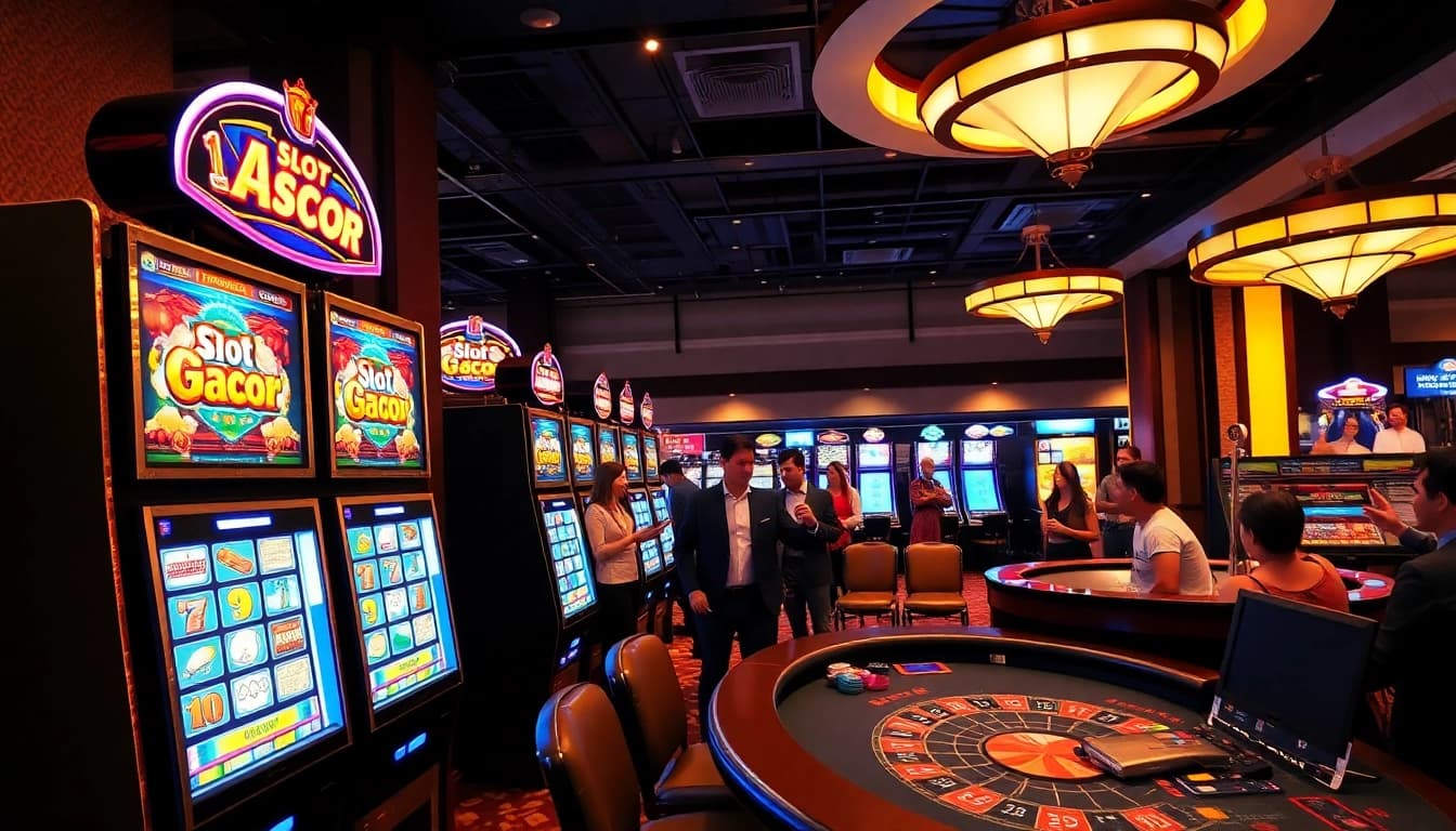 Players enjoying slot gacor machines in a luxurious casino atmosphere.