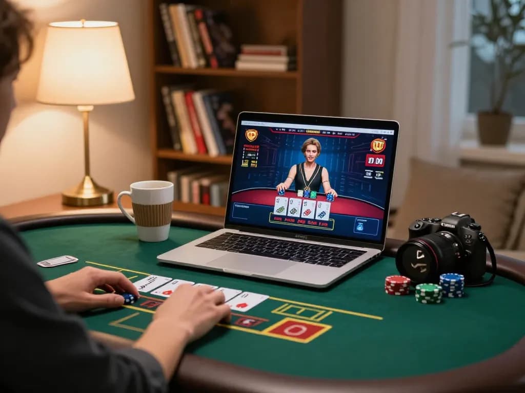 Engaging online casino session at home with KJC, focused on live dealer blackjack gameplay, showcasing a cozy setup.