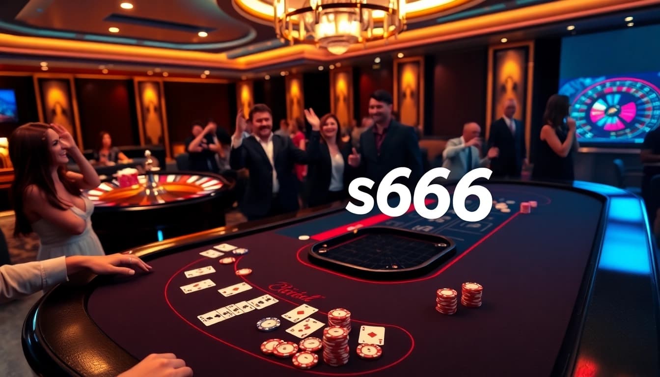 Excited gamblers playing blackjack at a luxurious s666 casino table.