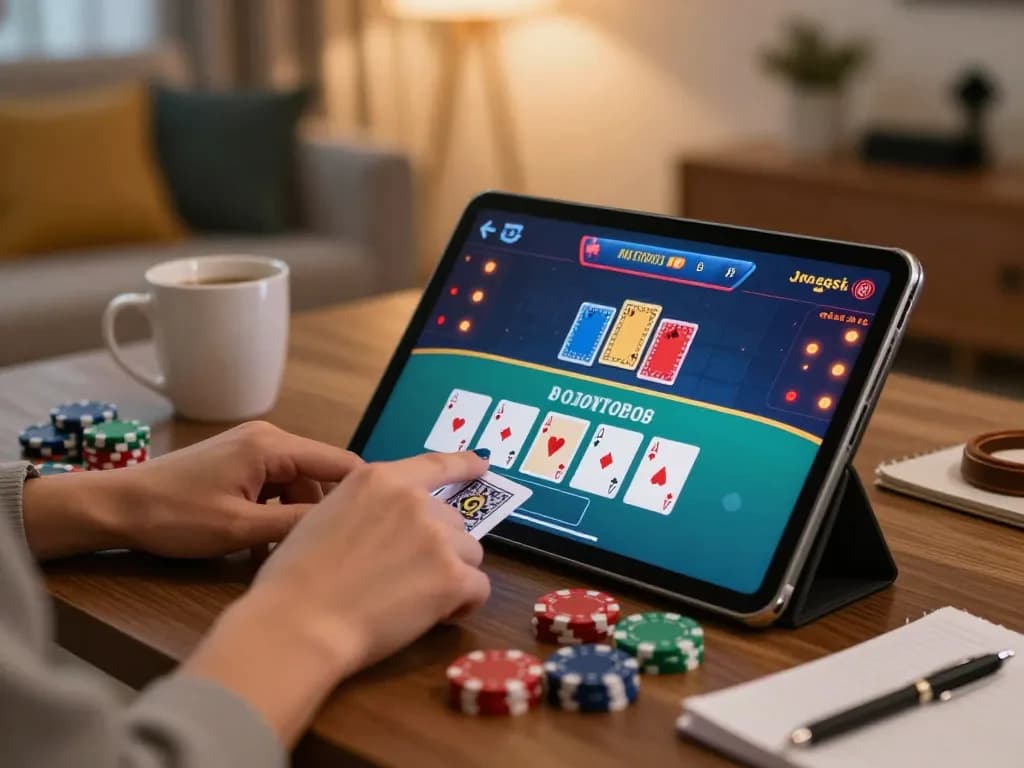 Player enjoying blackjack on tablet in a cozy setting, showcasing nhà cái 5679 gaming experience