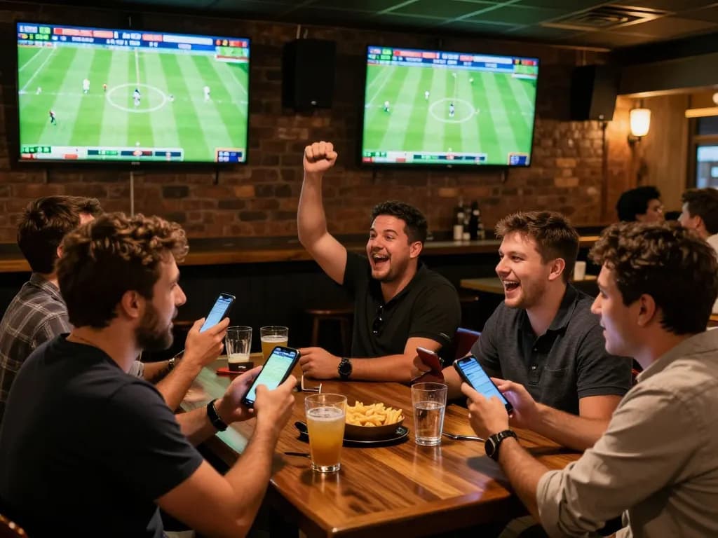 Soi Kèo action captured as enthusiastic bettors watch live matches in a vibrant sports bar.