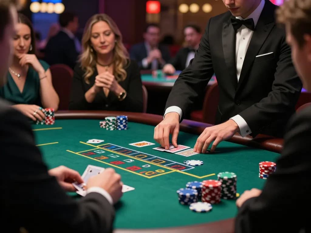 Pemain terlibat dalam permainan blackjack yang mendebarkan di kasino Bintangmpo dengan taruhan yang fokus dan interaksi dealer langsung.