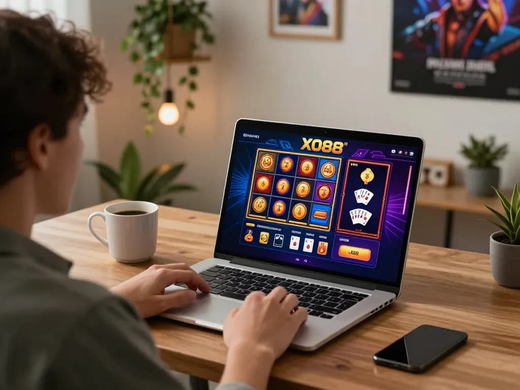 Engaged player experiencing online gaming at XO88, showcasing casino interface on laptop.