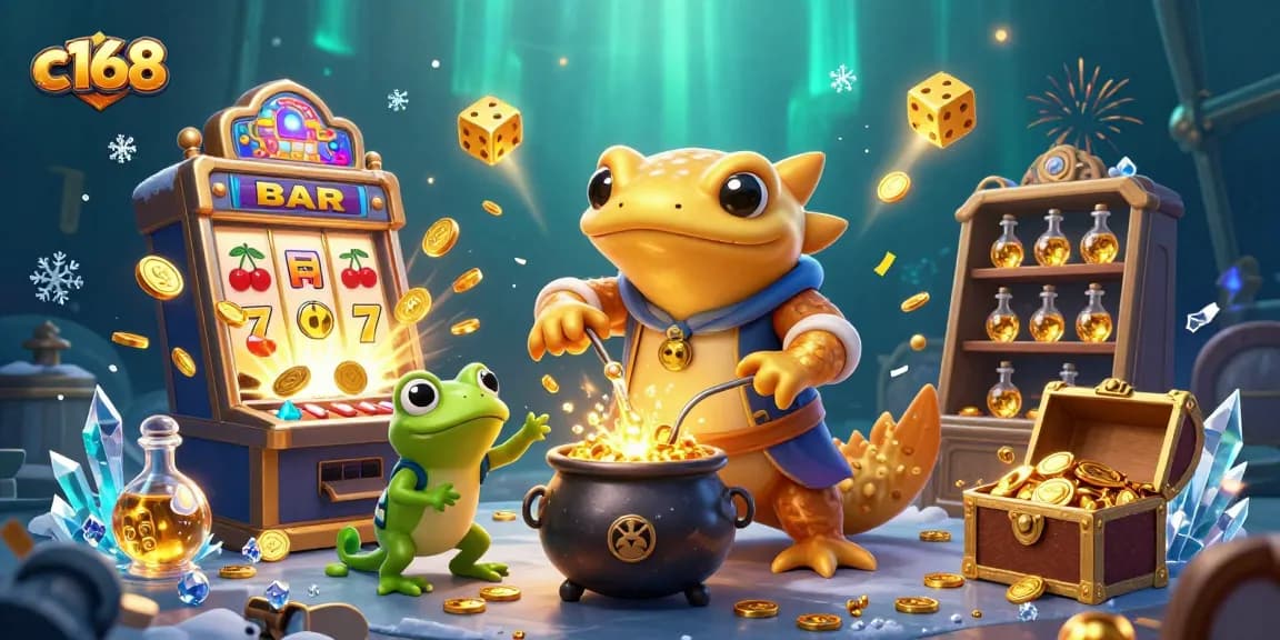 Experience thrilling gaming with c168's golden charm in a vibrant casino scene, featuring magical elements and jackpot highlights.