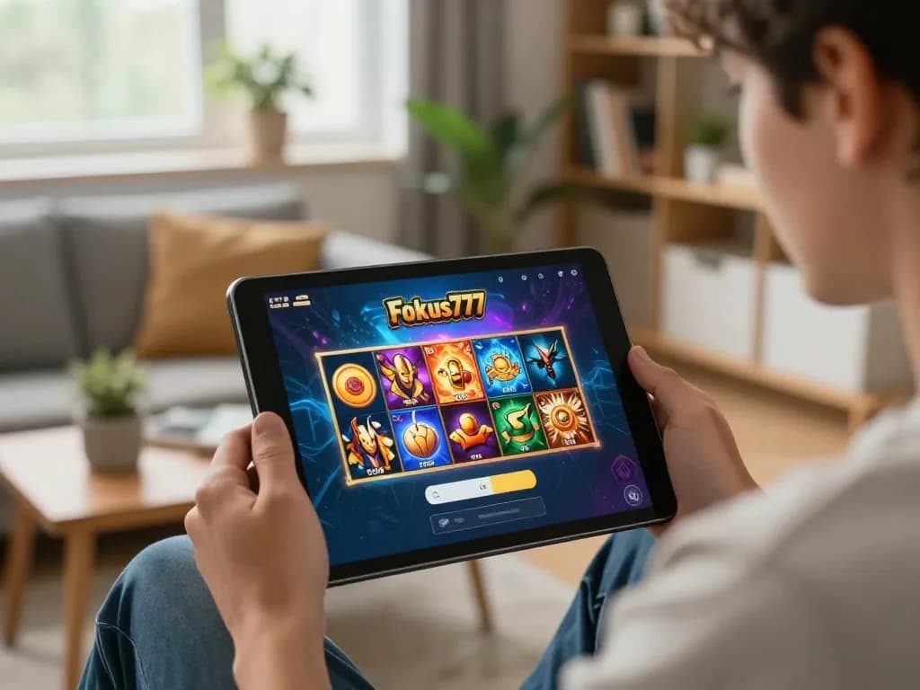 Engaging with Fokus777 login on a tablet, showcasing exciting slot game selections in a cozy home setting.