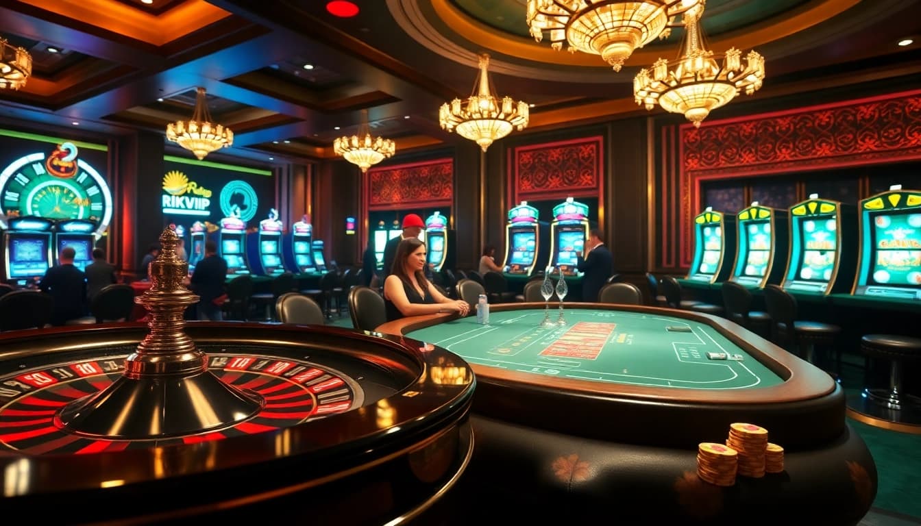 Experience the thrill of gaming at Rikvip with players celebrating big wins at a casino table.