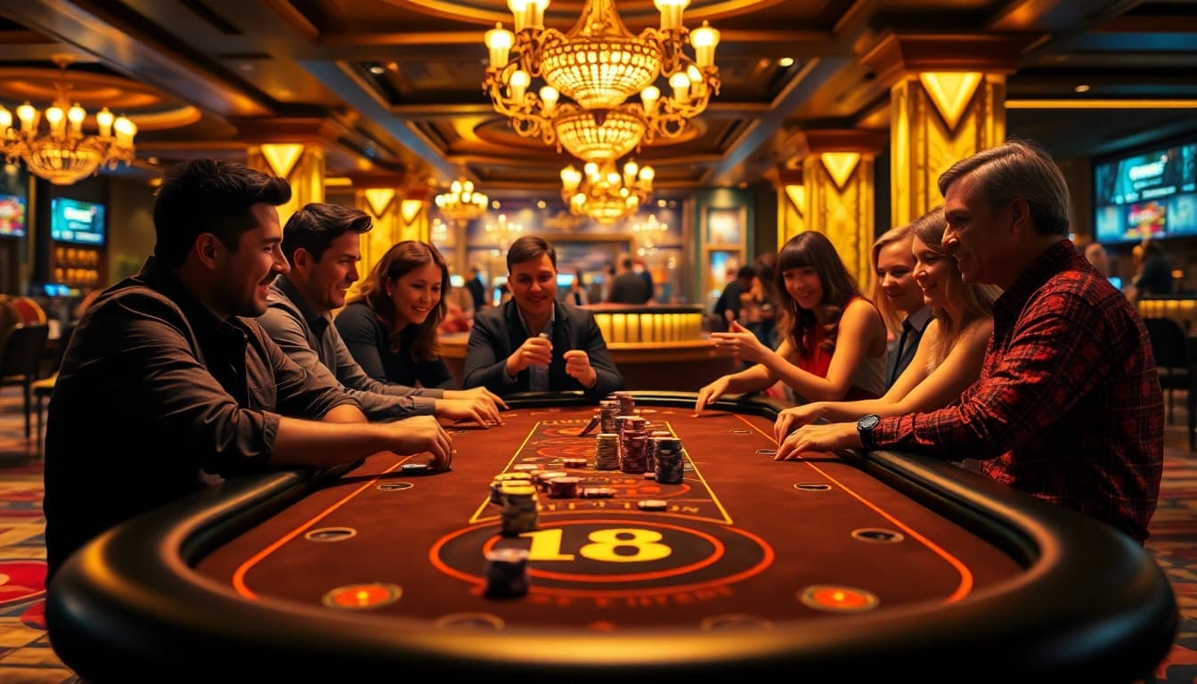 Exciting players at an 18vip gaming table immersed in a vibrant casino atmosphere.