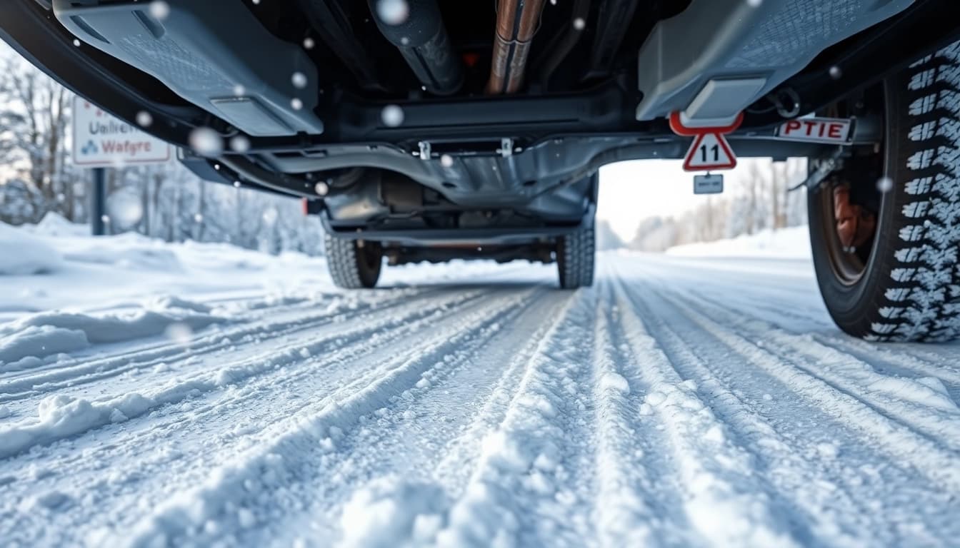 PPF winter road salt protection on a vehicle shown amidst snowy conditions with a sleek finish.