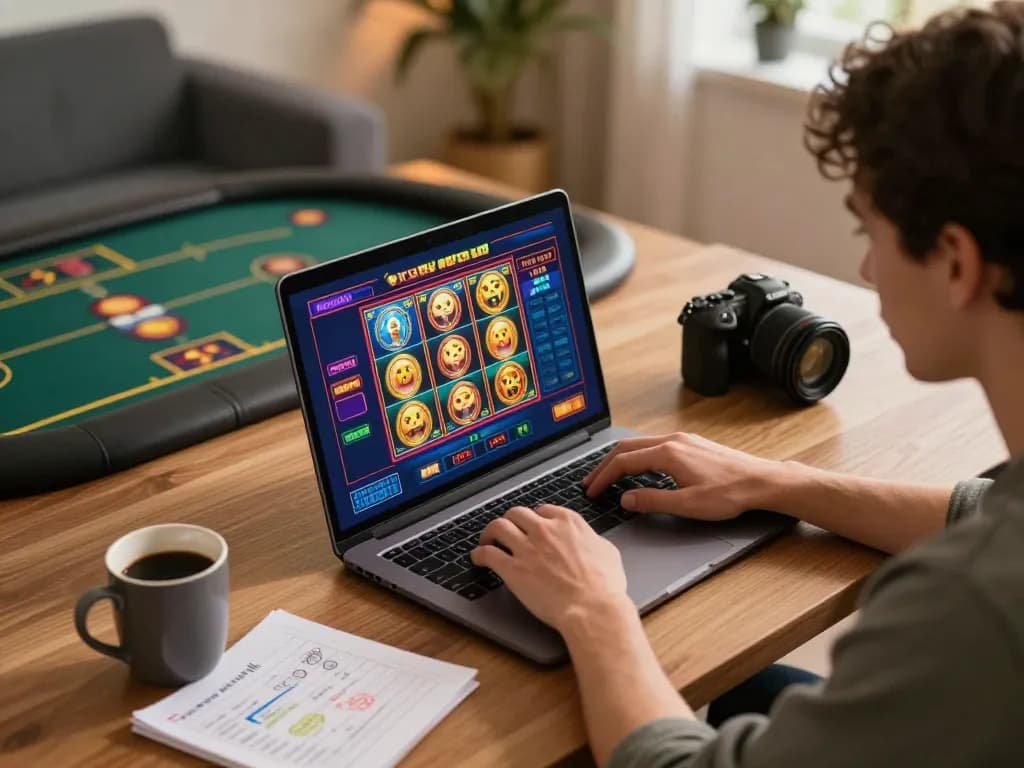 Engaging in strategic online gaming at gi88 with vibrant laptop display and cozy home setting.