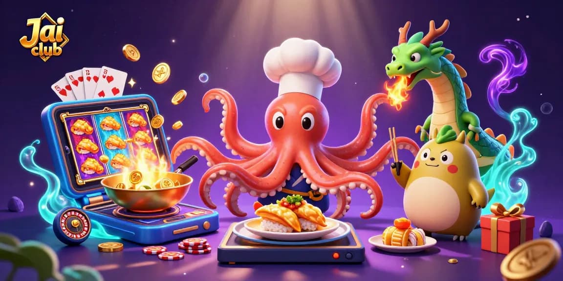 Engage in thrilling slots with Jai club's vibrant gaming scene featuring an octopus chef and magical dragon.