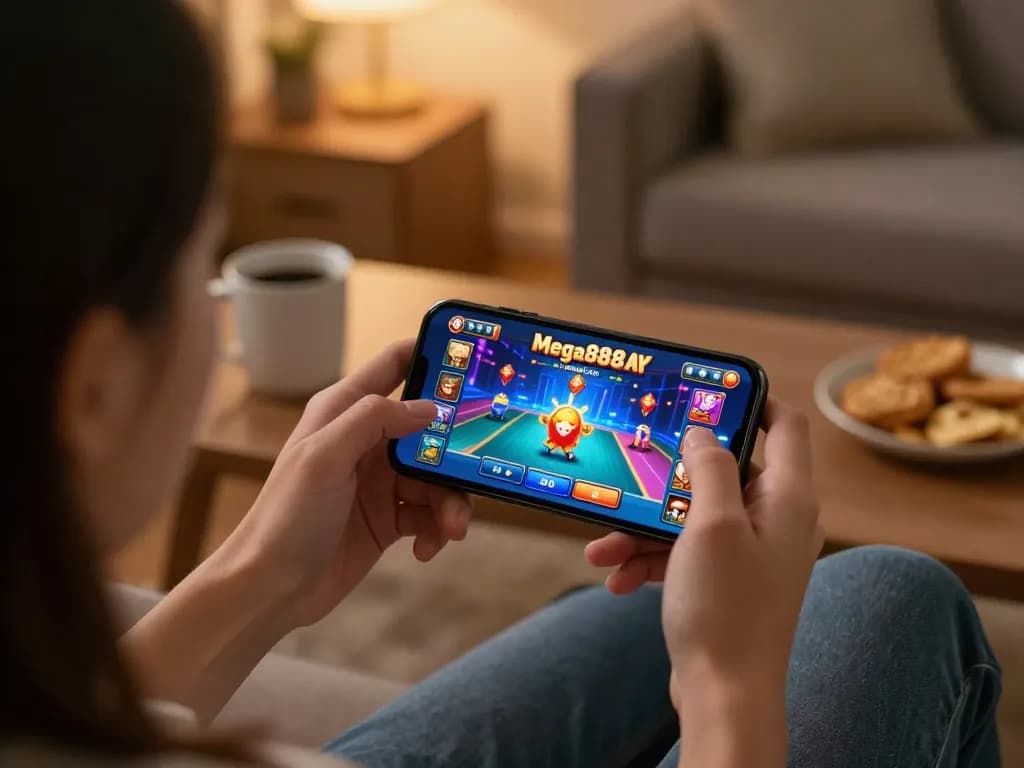 Playing Mega888 APK on smartphone in a cozy home setting with warm lighting.