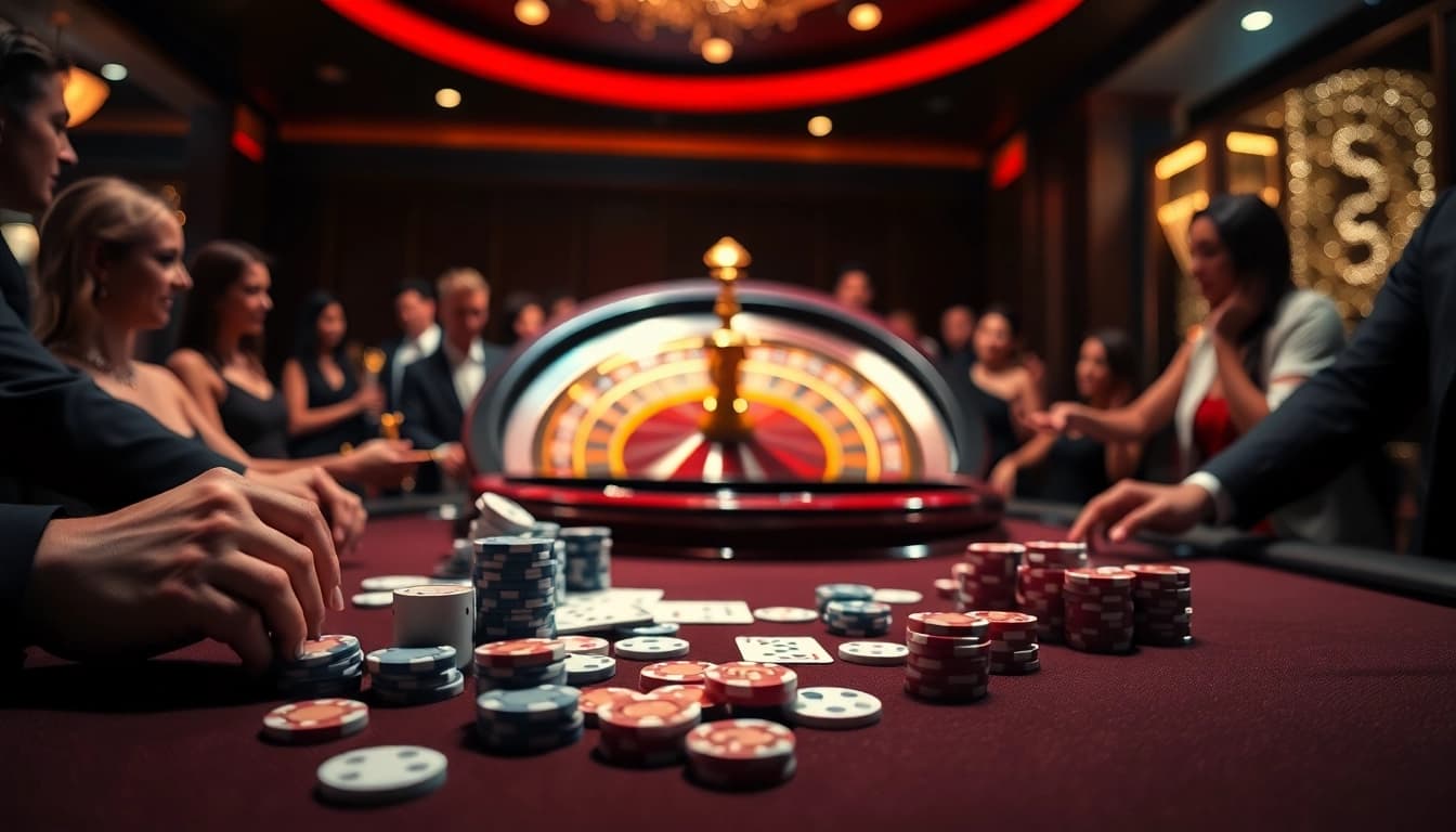 Experience the thrill of game đánh bài đổi thưởng in a luxurious casino atmosphere with cards and chips.