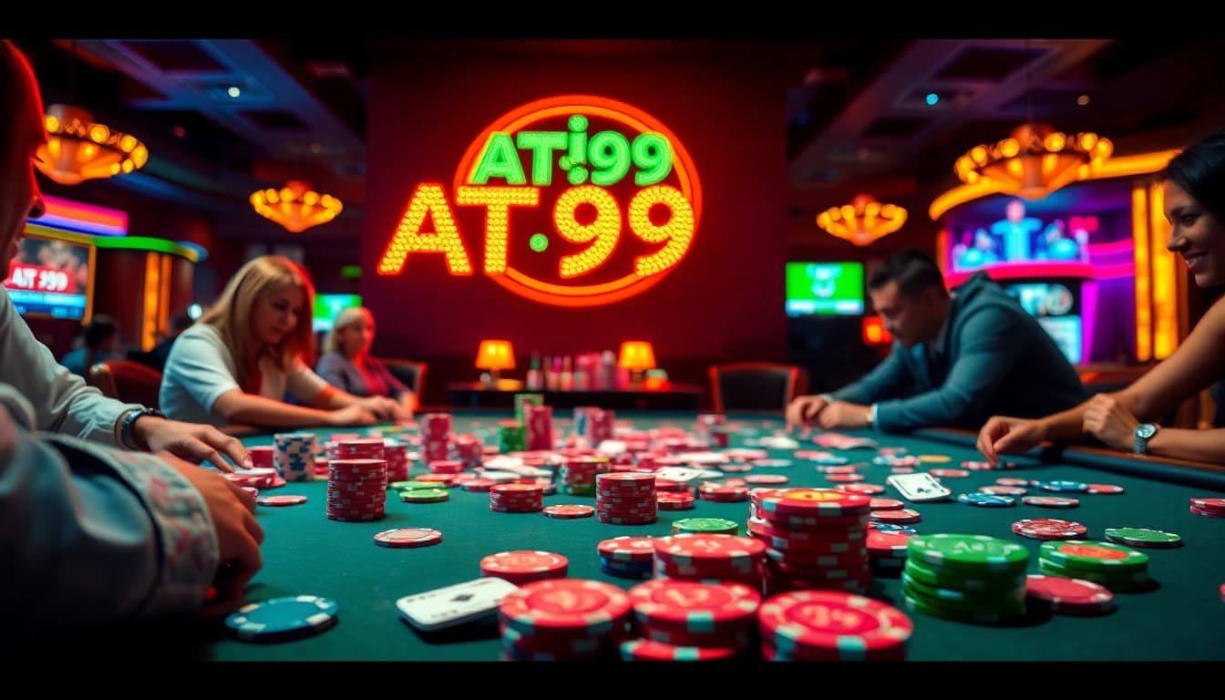 AT99 casino scene with lively poker action and vibrant atmosphere.