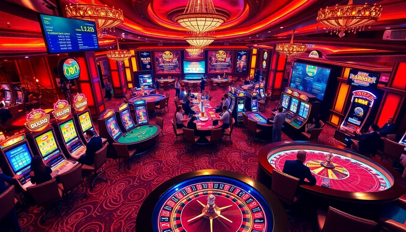 Exciting gambling action at hay88.my featuring vibrant slot machines and poker tables in a luxurious casino.