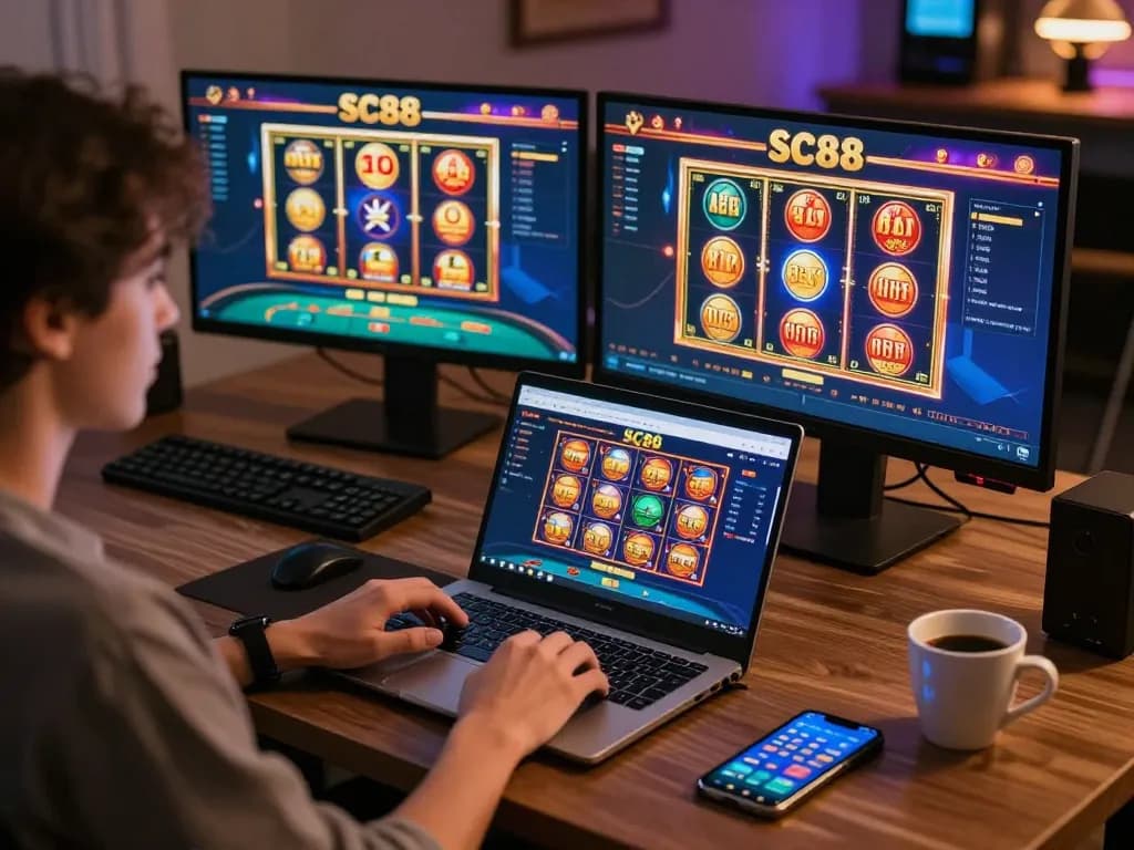 Engaging online gambling session at SC88 with a player using a laptop and smartphone for games.
