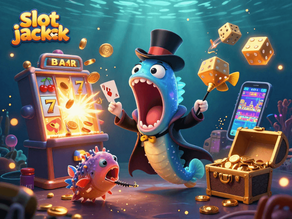 Experience slot jackpot excitement with vibrant characters performing magic tricks in an immersive underwater casino.