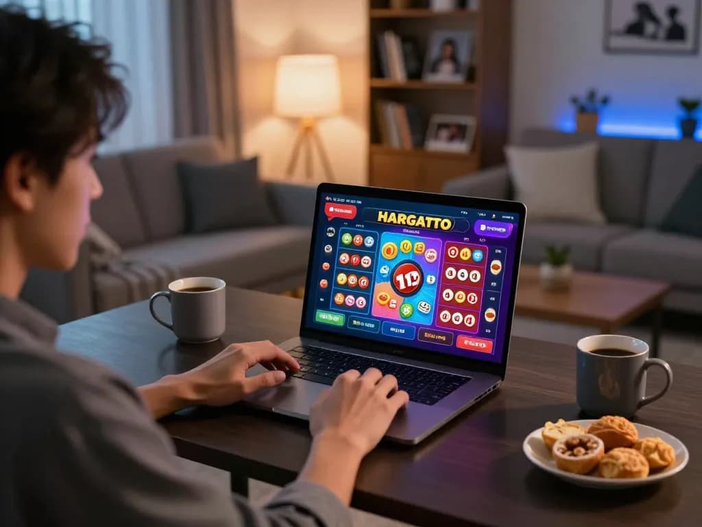 Experience hargatoto daftar in a cozy home gaming setup with a player focused on online Toto 4D games.