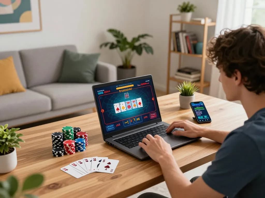 Engaging in online gambling at home with jilipinas app, showcasing poker strategy and personal gaming setup.
