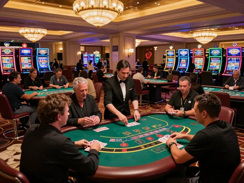 Gamblers enjoying ดูหนังออนไลน์ experience surrounded by dynamic blackjack action in a luxurious casino setting.