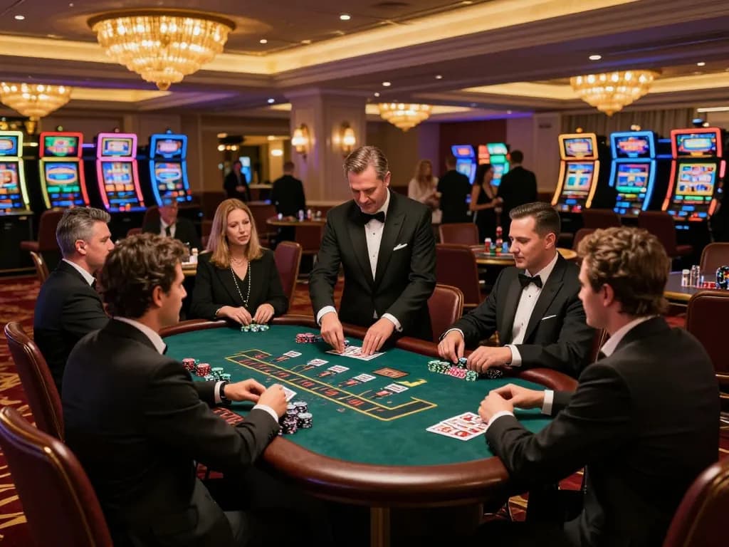 Players enjoying blackjack at a luxurious casino table filled with chips, showcasing the thrill of HM88 gaming.