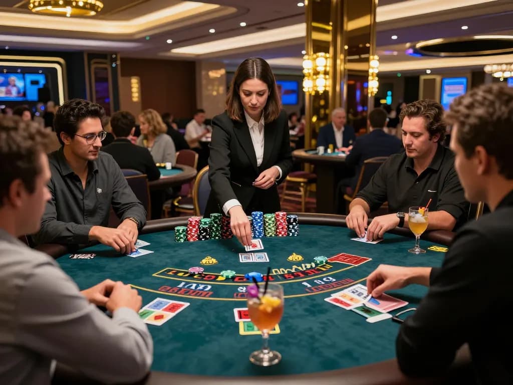 Engaged players at cm88 casino blackjack table strategizing their next bet amidst vibrant casino atmosphere.
