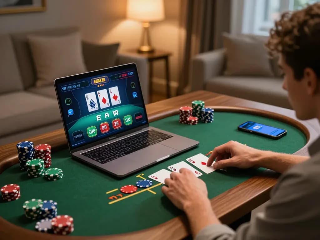 Playing 99Win live dealer blackjack on a laptop during cozy home gaming session.